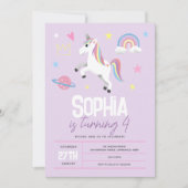 女の子パープルガーリー・ユニコーン・キッズ4th誕生日 招待状 (正面)