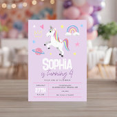 女の子パープルガーリー・ユニコーン・キッズ4th誕生日 招待状