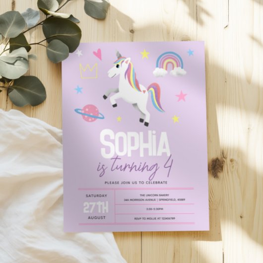 女の子パープルガーリー・ユニコーン・キッズ4th誕生日 招待状