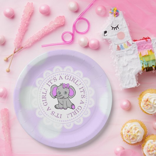 女の子パープルゾウをテーマにした赤ちゃんシャワー ペーパープレート (パーティー)