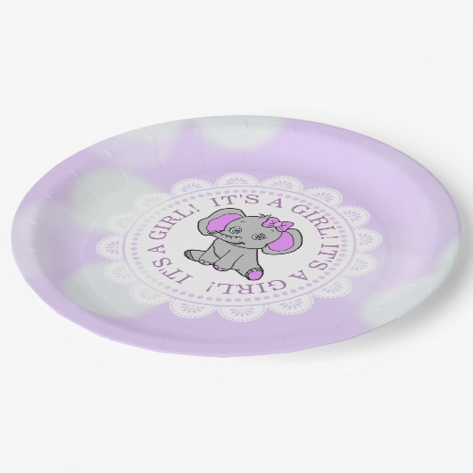 女の子パープルゾウをテーマにした赤ちゃんシャワー ペーパープレート (アングル)