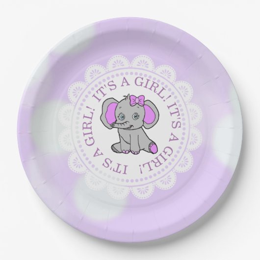 女の子パープルゾウをテーマにした赤ちゃんシャワー ペーパープレート (正面)