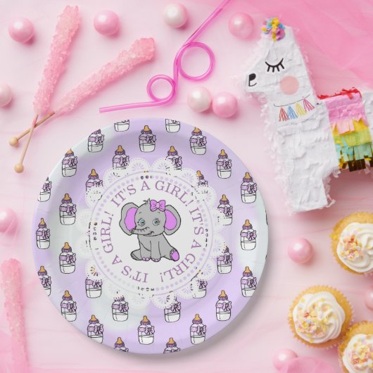 女の子パープルゾウをテーマにした赤ちゃんシャワー ペーパープレート (パーティー)