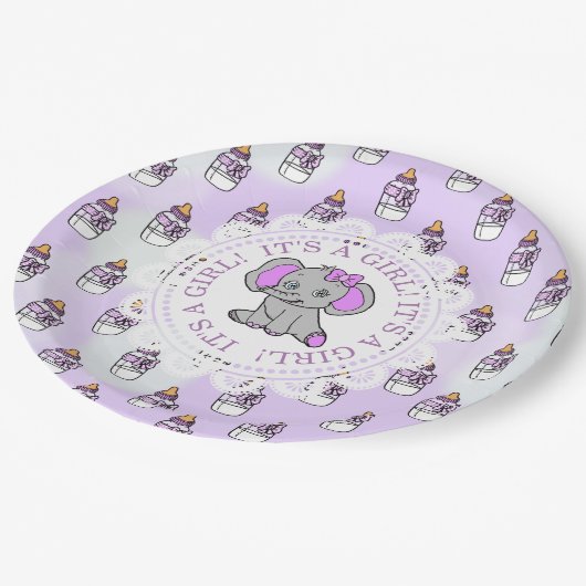 女の子パープルゾウをテーマにした赤ちゃんシャワー ペーパープレート (アングル)