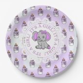 女の子パープルゾウをテーマにした赤ちゃんシャワー ペーパープレート (正面)