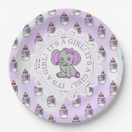 女の子パープルゾウをテーマにした赤ちゃんシャワー ペーパープレート