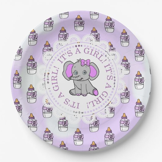 女の子パープルゾウをテーマにした赤ちゃんシャワー ペーパープレート (正面)
