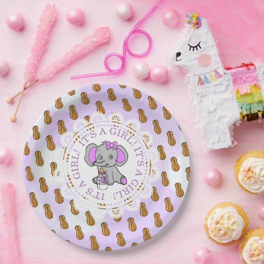 女の子パープルゾウをテーマにした赤ちゃんシャワー ペーパープレート (パーティー)