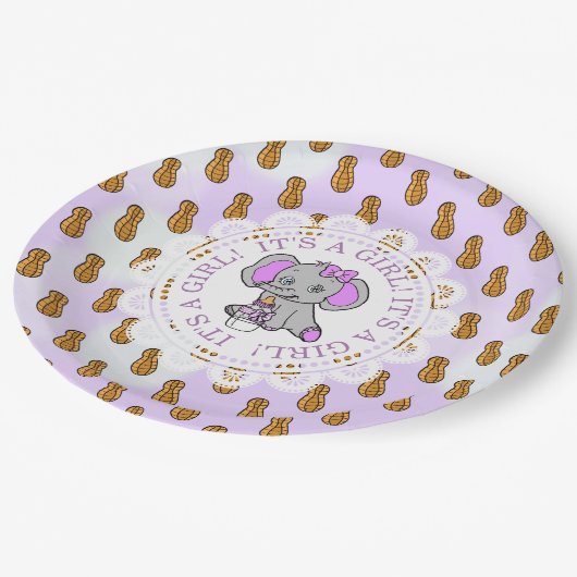 女の子パープルゾウをテーマにした赤ちゃんシャワー ペーパープレート (アングル)