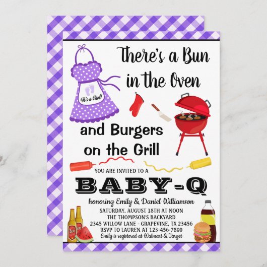 女の子パープルバーベキューベビーシャワー 招待状 (正面/裏面)