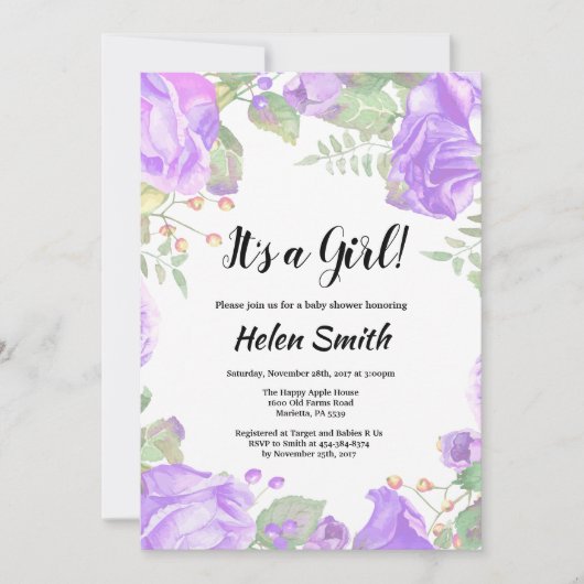女の子パープルフローラベビーシャワー招待状 招待状 (正面)
