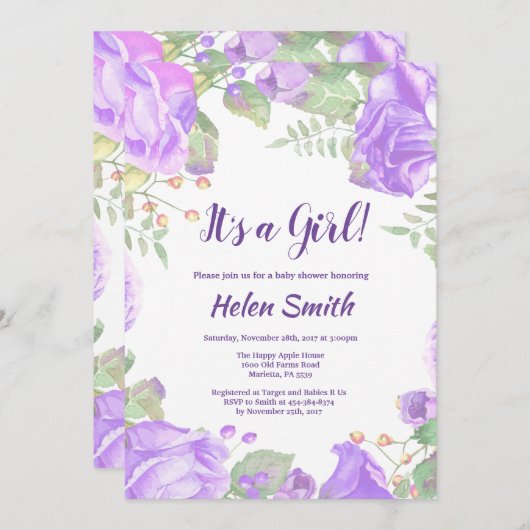 女の子パープルフローラベビーシャワー招待状 招待状 (正面/裏面)