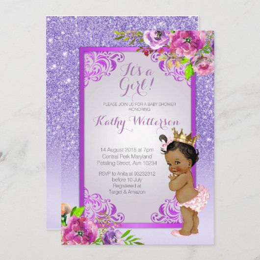 女の子パープル金ゴールドベビーシャワー招待状 招待状 (正面/裏面)