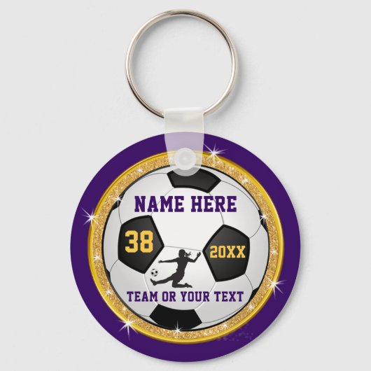 女の子パープル金ゴールド安いパーソナライズされたサッカーギフト キーホルダー (正面)