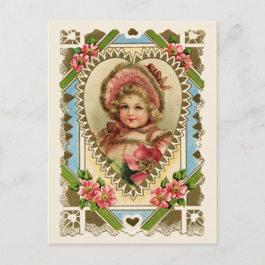 女の子ビクトリアンのハートフレームヴィンテージ再生 ポストカード (正面)