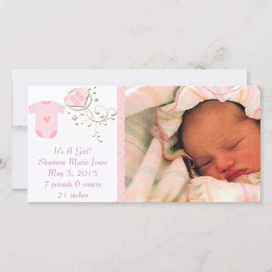 女の子ピンクかわいいアーガイル新生児 案内状 (正面)