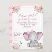 女の子ピンクかわいい象の赤ちゃんシャワー 招待状 (正面/裏面)