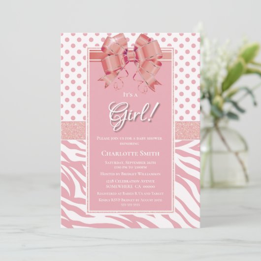 女の子ピンクと白の赤ちゃんシャワー 招待状 (スタンド正面)
