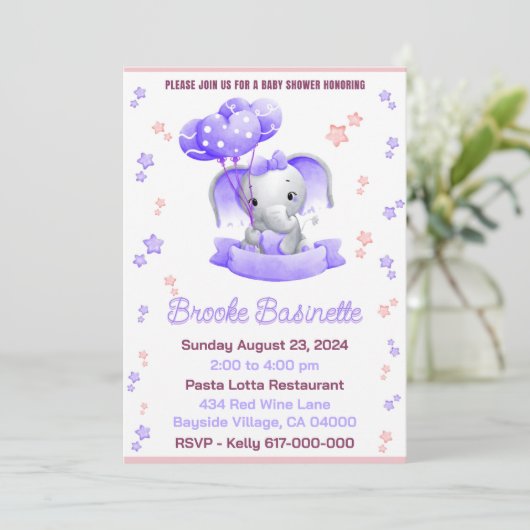 女の子ピンクと紫のベビーゾウのためのベビーシャワー 招待状 (スタンド正面)