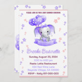 女の子ピンクと紫のベビーゾウのためのベビーシャワー 招待状 (正面/裏面)