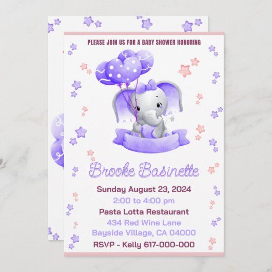 女の子ピンクと紫のベビーゾウのためのベビーシャワー 招待状 (正面/裏面)