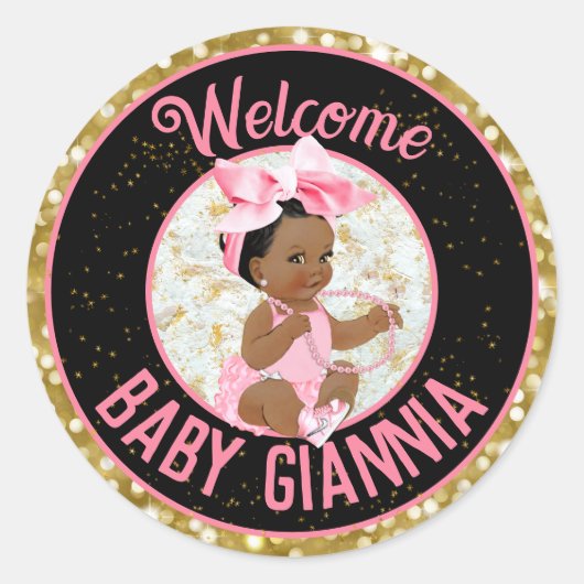 女の子ピンクと金ゴールドグリッター エレガント ラウンドシール (正面)