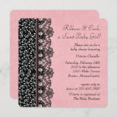 女の子ピンクと黒のレース赤ちゃんシャワー 招待状 (正面/裏面)