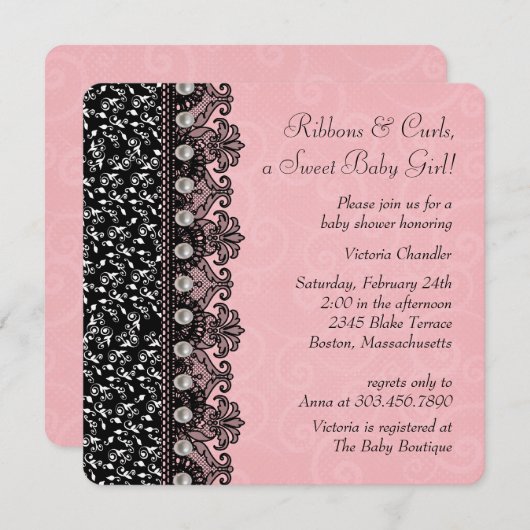 女の子ピンクと黒のレース赤ちゃんシャワー 招待状 (正面/裏面)