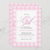 女の子ピンクのギンガムプレイド冬のベビーシャワー 招待状 (正面/裏面)