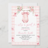 女の子ピンクのギンガムボウフローラ赤ちゃんシャワー 招待状 (正面)