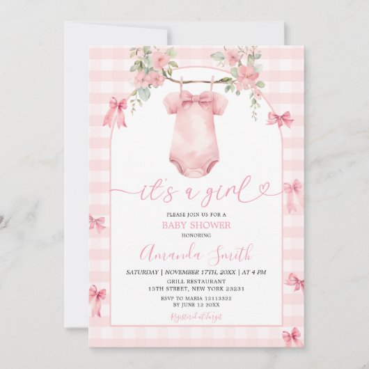 女の子ピンクのギンガムボウフローラ赤ちゃんシャワー 招待状 (正面)
