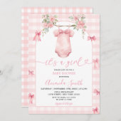 女の子ピンクのギンガムボウフローラ赤ちゃんシャワー 招待状 (正面/裏面)