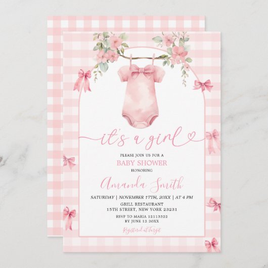 女の子ピンクのギンガムボウフローラ赤ちゃんシャワー 招待状 (正面/裏面)