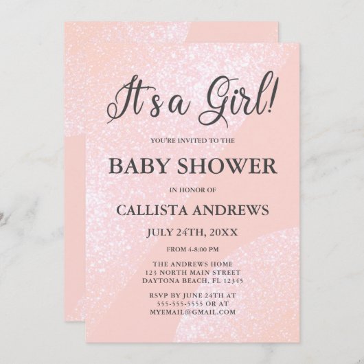 女の子ピンクのグリッター幾何学的な赤ちゃんシャワー 招待状 (正面/裏面)