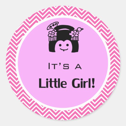 女の子ピンクのシェブロンのステッカーだ。ベビー誕生 ラウンドシール (正面)