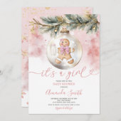 女の子ピンクのジンジャーブレッドのクリスマスベビーシャワー 招待状 (正面/裏面)