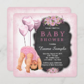 女の子ピンクのチョークボードのボトムアップ赤ちゃんシャワー 招待状 (正面/裏面)