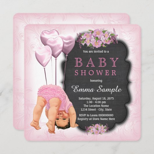 女の子ピンクのチョークボードのボトムアップ赤ちゃんシャワー 招待状 (正面/裏面)