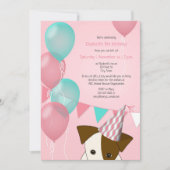 女の子ピンクのティール（緑がかった色）バルーン子犬の誕生日パーティー 招待状 (正面)
