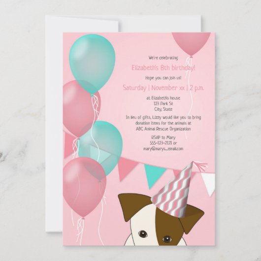 女の子ピンクのティール（緑がかった色）バルーン子犬の誕生日パーティー 招待状 (正面)