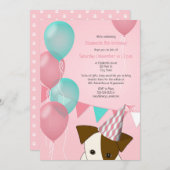 女の子ピンクのティール（緑がかった色）バルーン子犬の誕生日パーティー 招待状 (正面/裏面)