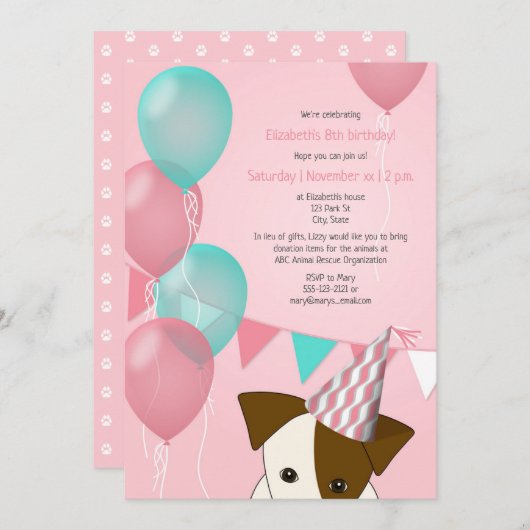 女の子ピンクのティール（緑がかった色）バルーン子犬の誕生日パーティー 招待状 (正面/裏面)