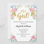 女の子ピンクのティール（緑がかった色）金ゴールド水色ベビーシャワー 招待状 (正面)