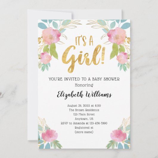 女の子ピンクのティール（緑がかった色）金ゴールド水色ベビーシャワー 招待状 (正面)