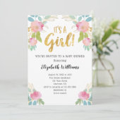 女の子ピンクのティール（緑がかった色）金ゴールド水色ベビーシャワー 招待状 (スタンド正面)