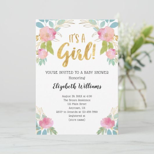 女の子ピンクのティール（緑がかった色）金ゴールド水色ベビーシャワー 招待状 (スタンド正面)