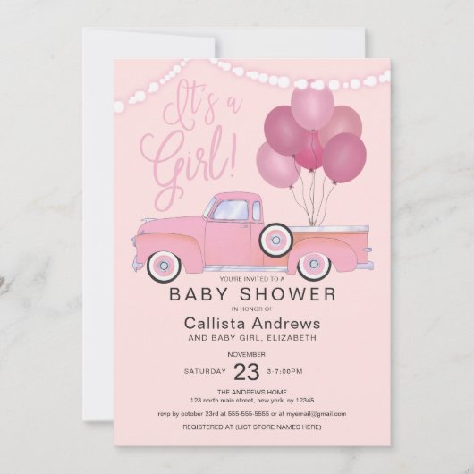 女の子ピンクのトラックの風船が赤ちゃんのシャワーを点灯 招待状 (正面)