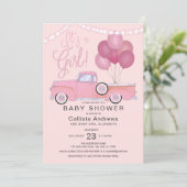 女の子ピンクのトラックの風船が赤ちゃんのシャワーを点灯 招待状 (スタンド正面)