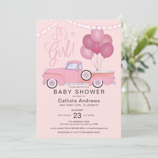 女の子ピンクのトラックの風船が赤ちゃんのシャワーを点灯 招待状 (スタンド正面)