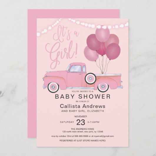 女の子ピンクのトラックの風船が赤ちゃんのシャワーを点灯 招待状 (正面/裏面)